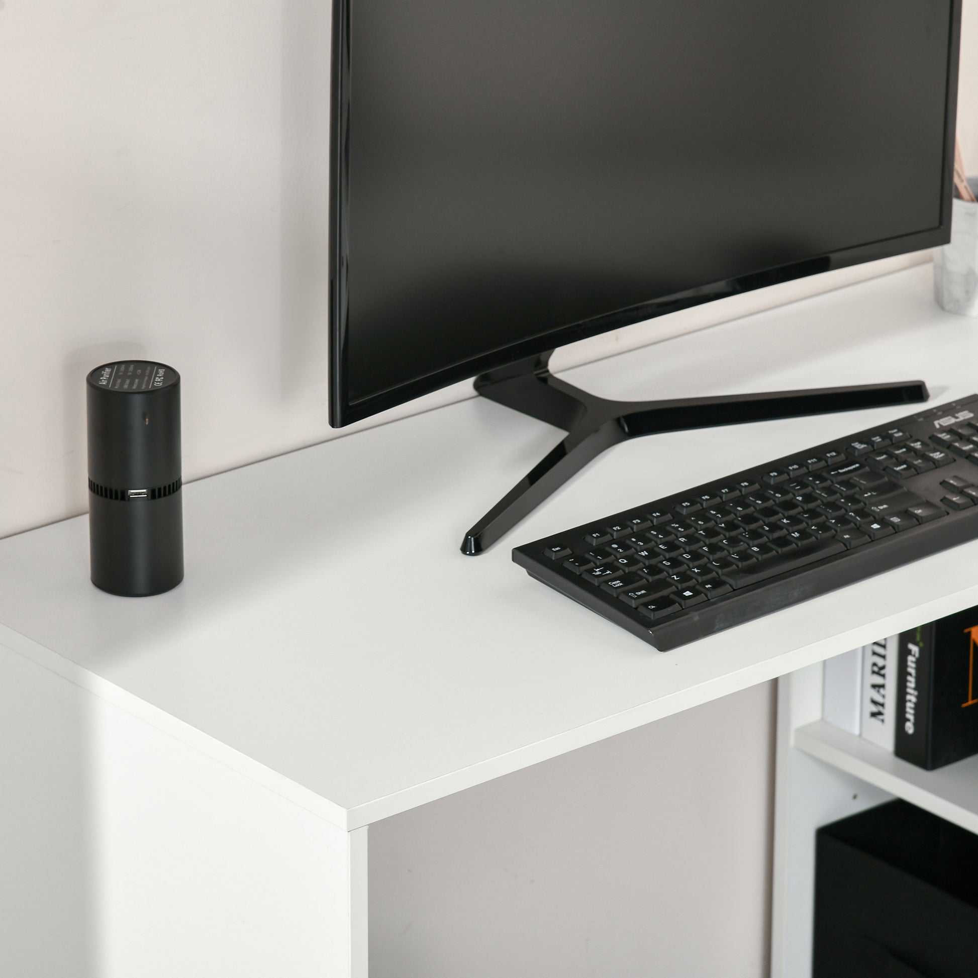 Convertible L-Shaped Computer Desk, Corner Table wth 3 Fabric Storage Boxes, Retractable Home Office Desk, White Writing Desks   at Gallery Canada