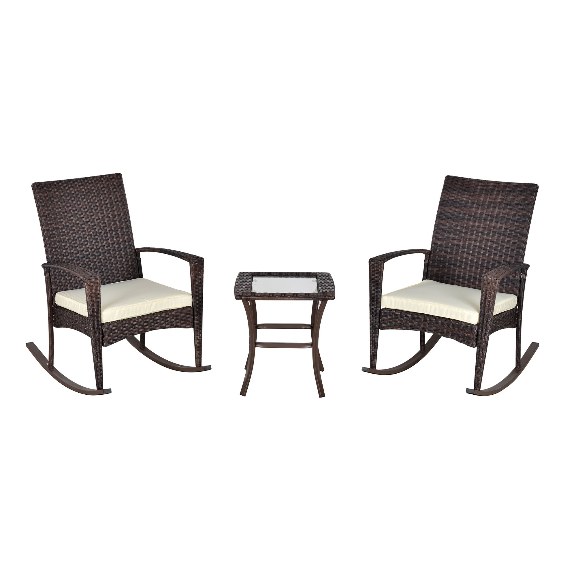 3 Pieces Patio Wicker Rocking Chair Set, Outdoor PE Rattan Bistro Set Conversation Rocker Set with 2 Chairs 1 Coffee Table for Backyard, Deck, Poolside, Cream White - Gallery Canada