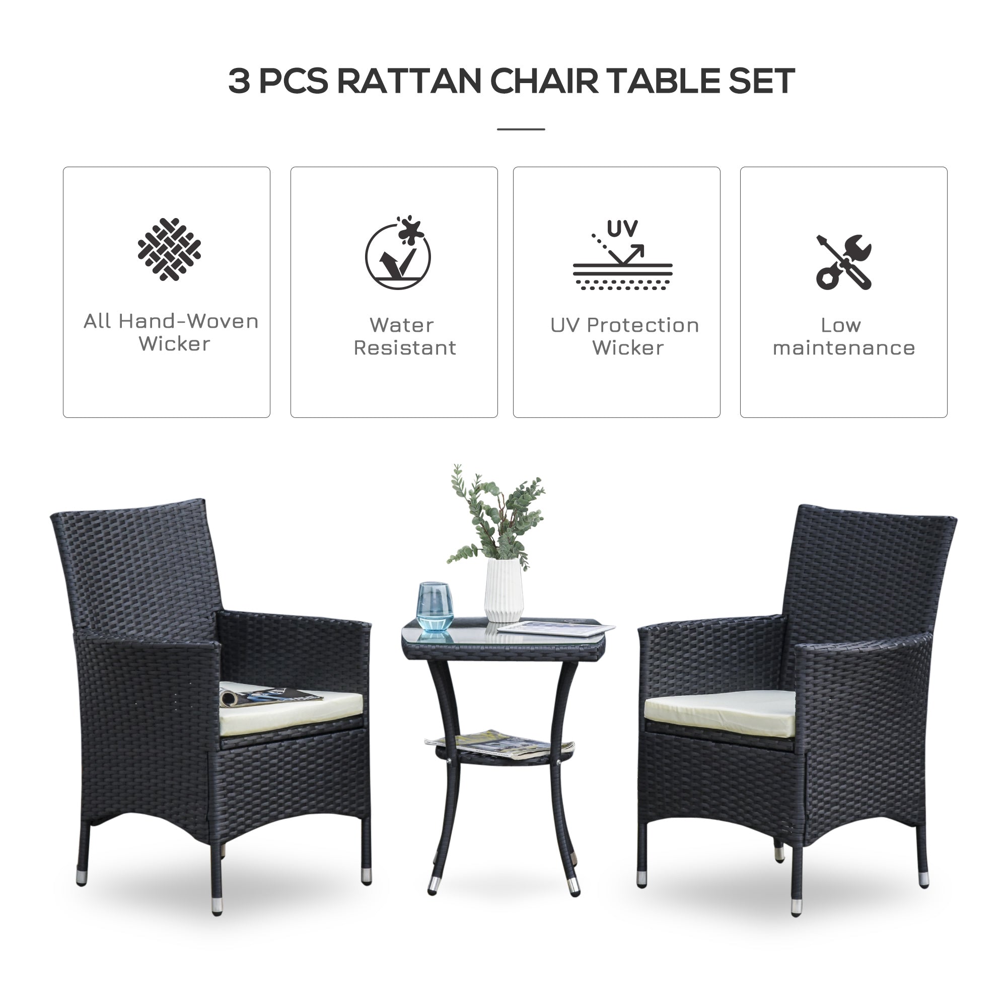 3 Pieces Patio Bistro Set, Outdoor PE Rattan Porch Furniture with Two Armchairs, Glass Top Coffee Table, Black Bistro Sets   at Gallery Canada