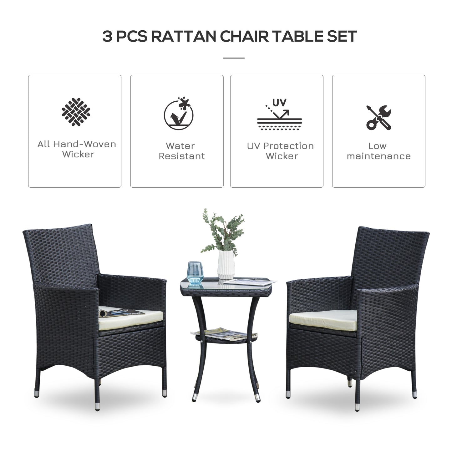 3 Pieces Patio Bistro Set, Outdoor PE Rattan Porch Furniture with Two Armchairs, Glass Top Coffee Table, Black Bistro Sets   at Gallery Canada