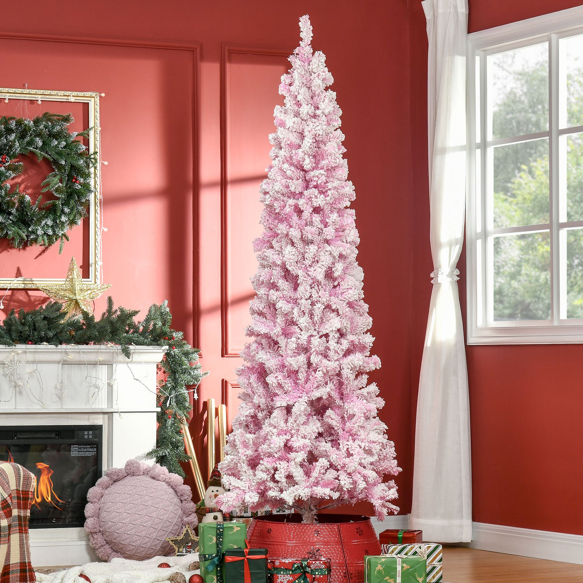 7.5 FT Snow Flocked Artificial Christmas Tree, Pencil Xmas Tree with Realistic Branches, Auto Open and Steel Base, Pink Pencil Christmas Trees   at Gallery Canada