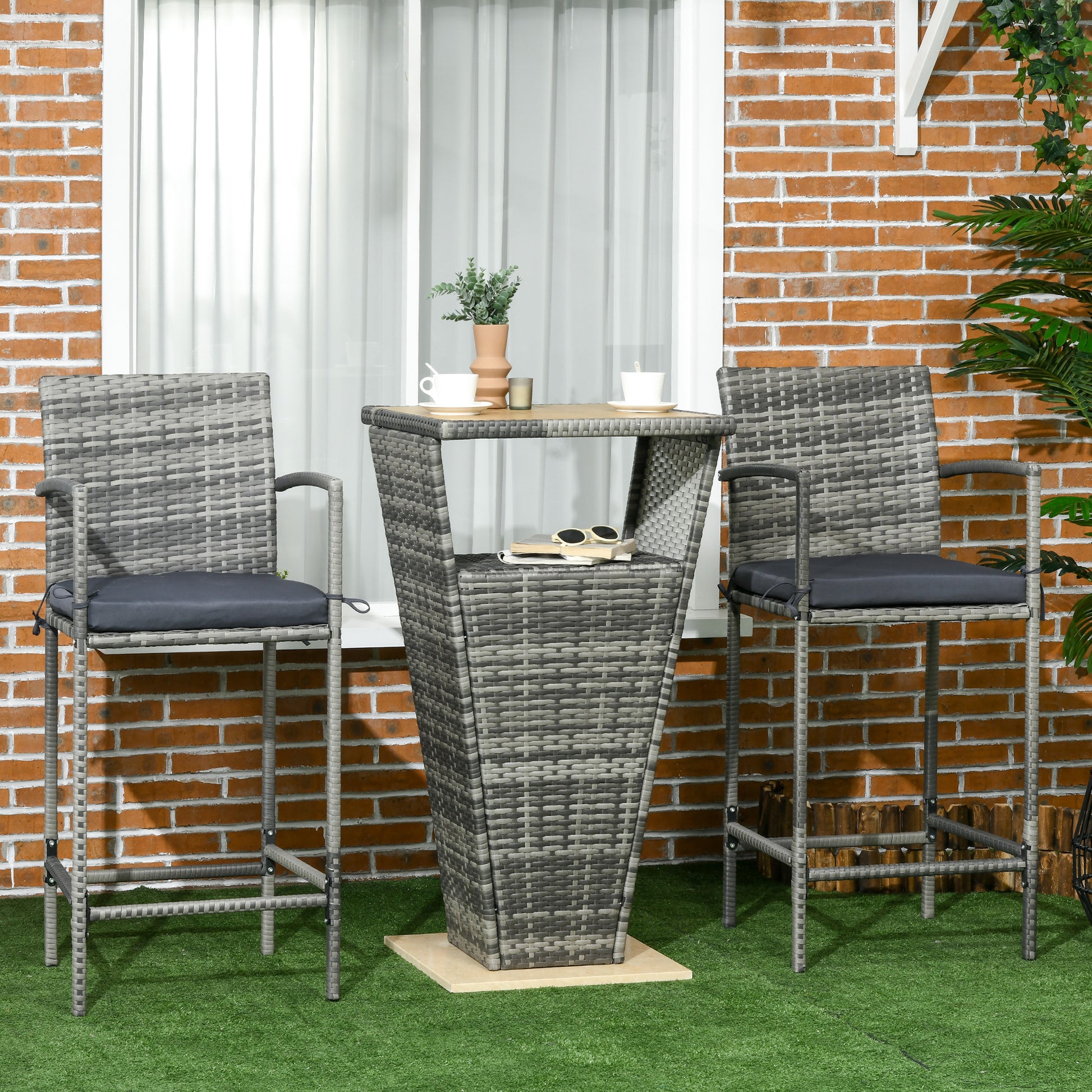 3 Pieces Patio Bar Set, Wicker Bistro Set, PE Rattan Bar Table and Chairs with Soft Padded Cushions, Storage Shelf, Wood Grain Plastic Top, Mixed Gray Bistro Sets   at Gallery Canada