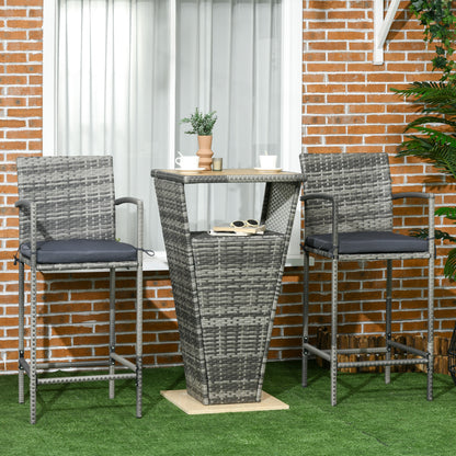 3 Pieces Patio Bar Set, Wicker Bistro Set, PE Rattan Bar Table and Chairs with Soft Padded Cushions, Storage Shelf, Wood Grain Plastic Top, Mixed Gray Bistro Sets   at Gallery Canada