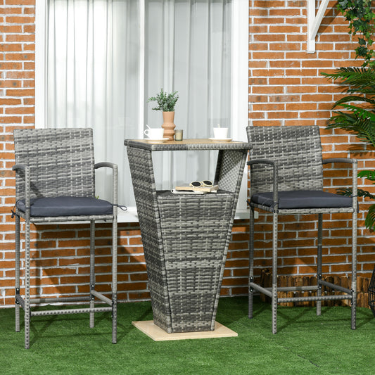 3 Pieces Patio Bar Set, Wicker Bistro Set, PE Rattan Bar Table and Chairs with Soft Padded Cushions, Storage Shelf, Wood Grain Plastic Top, Mixed Gray - Gallery Canada