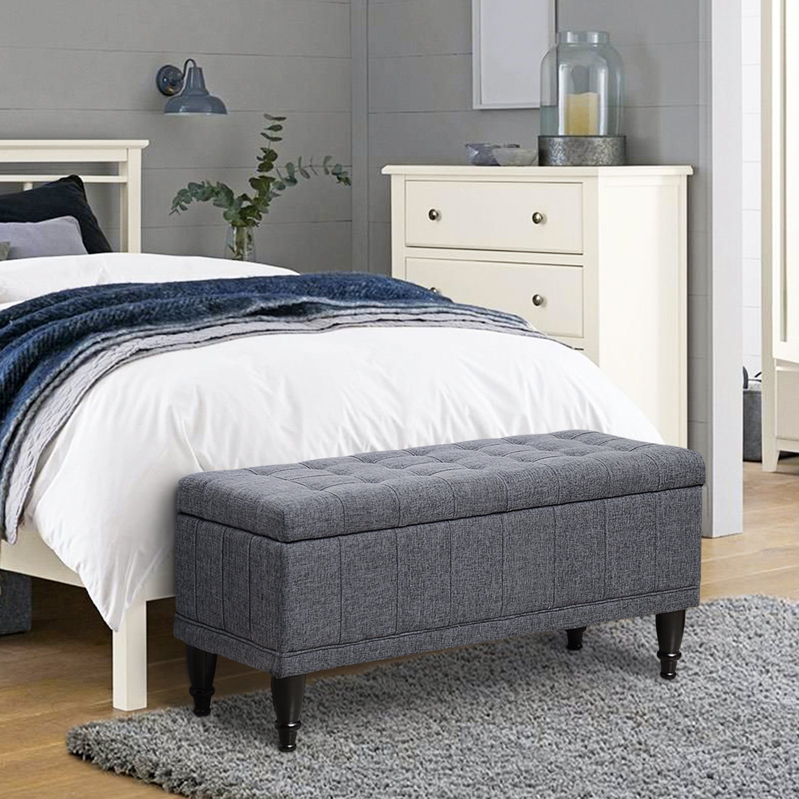 Storage Ottoman, Linen Fabric End of Bed Bench with Soft Close Lid, Button Tufted Storage Bench for Living Room, Entryway or Bedroom, Grey Storage Ottomans & Benches   at Gallery Canada