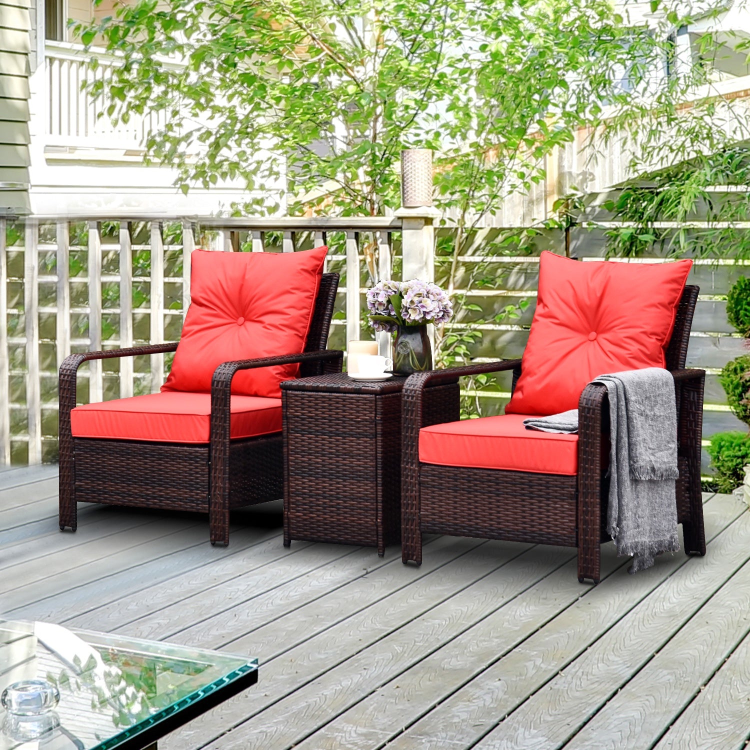 3 Pieces Patio Bistro Set, PE Rattan Garden Sofa Set with 2 Padded Chairs 1 Storage Table, Red Bistro Sets   at Gallery Canada