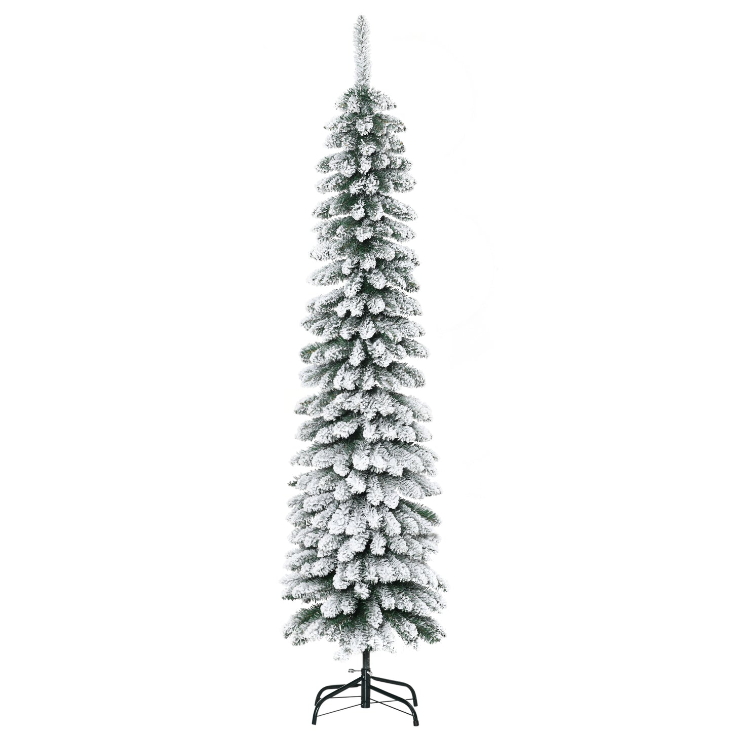 6 Ft Snow-Flocked Artificial Christmas Tree, Slim Pencil Xmas Tree with Realistic Branches, Metal Base, Green Artificial Christmas Trees Green  at Gallery Canada