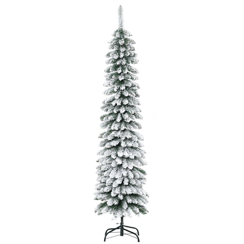 6 Ft Snow-Flocked Artificial Christmas Tree, Slim Pencil Xmas Tree with Realistic Branches, Metal Base, Green