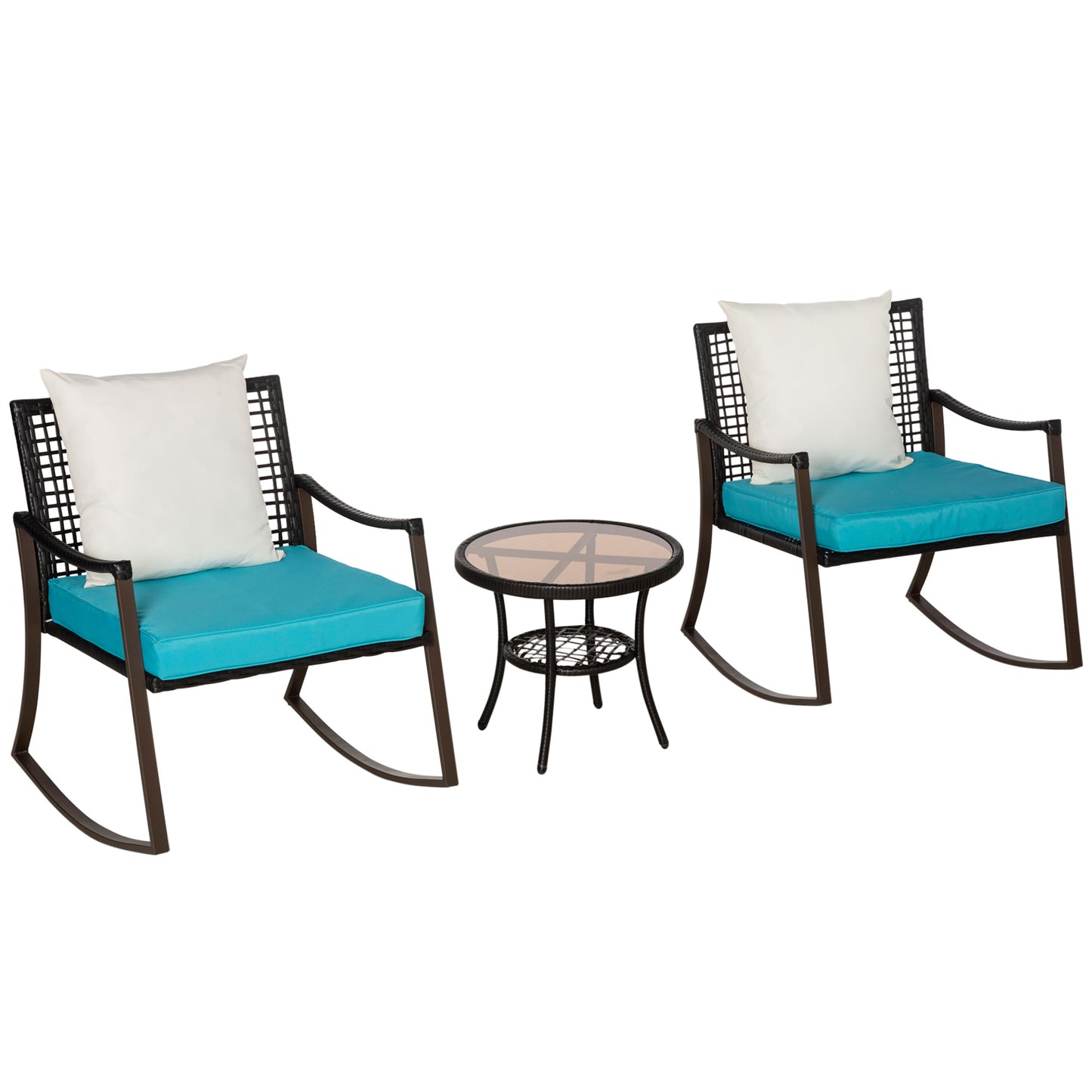 3-Piece Wicker Rocking Patio Set with Cushions, Pillows, Glass Table, Green Outdoor Rocking Chairs Multi Colour  at Gallery Canada