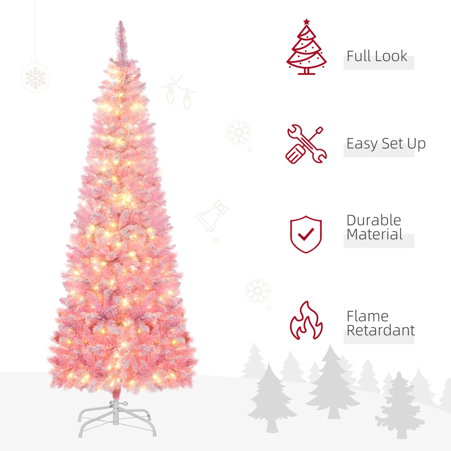 6 Foot Prelit Snow Flocked Artificial Christmas Tree with Pencil Shape, 500 Pine Realistic Branches, Warm White LED lights, Auto Open, Pink and White Pre Lit Christmas Trees   at Gallery Canada