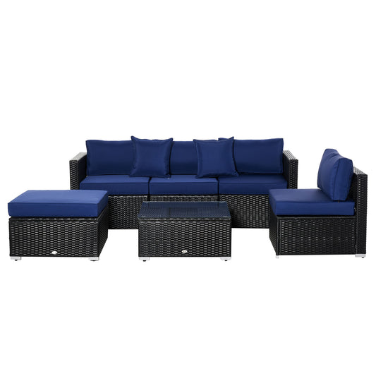 6 Pieces Outdoor PE Rattan Wicker Patio Furniture Sofa Set with Thick Cushions, Deluxe Garden Sectional Couch with Glass Top Table, Black and Dark Blue - Gallery Canada