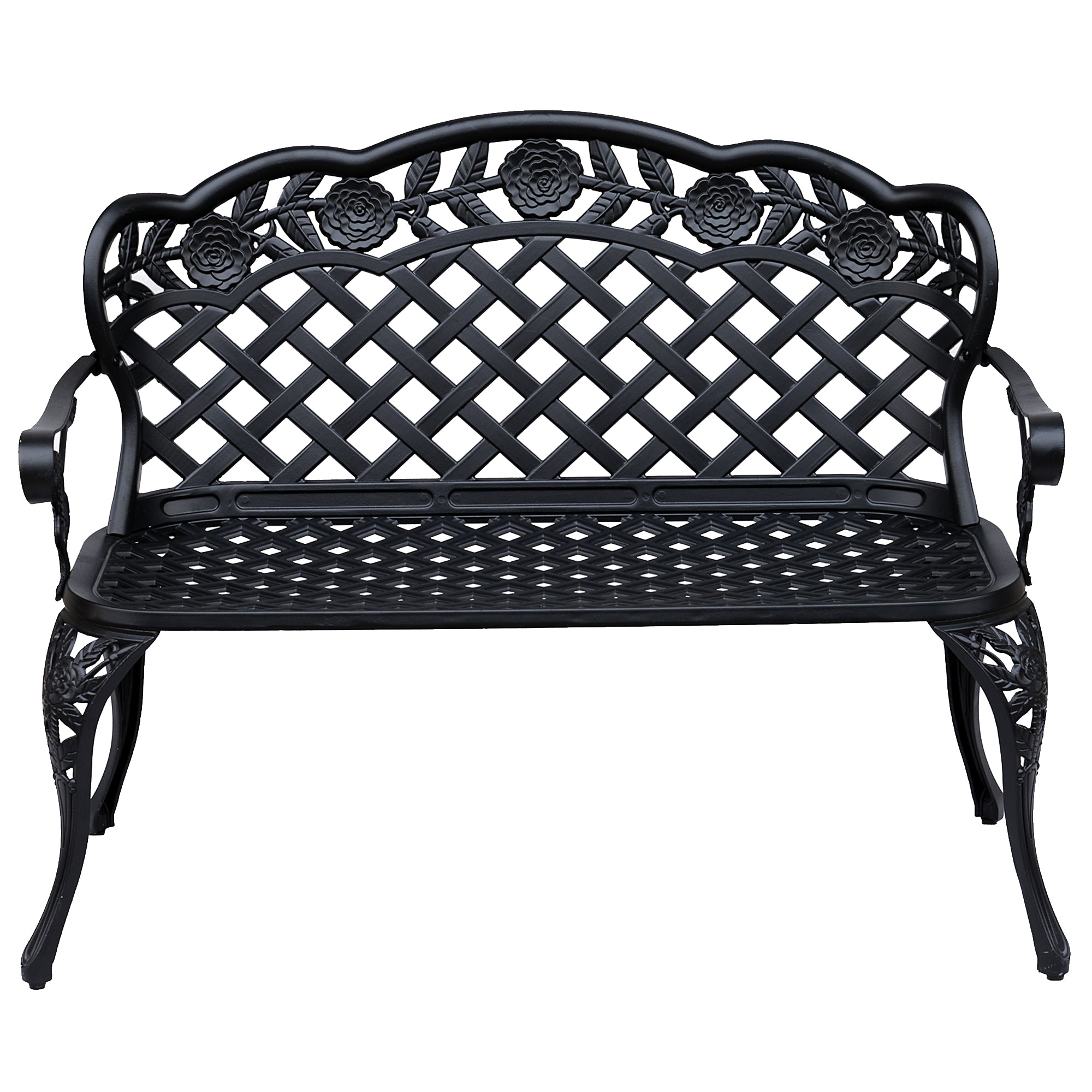 Metal Garden Bench, 2 Seater Outdoor Patio Loveseat with Armrest and Floral Scroll Backrest, 42.1