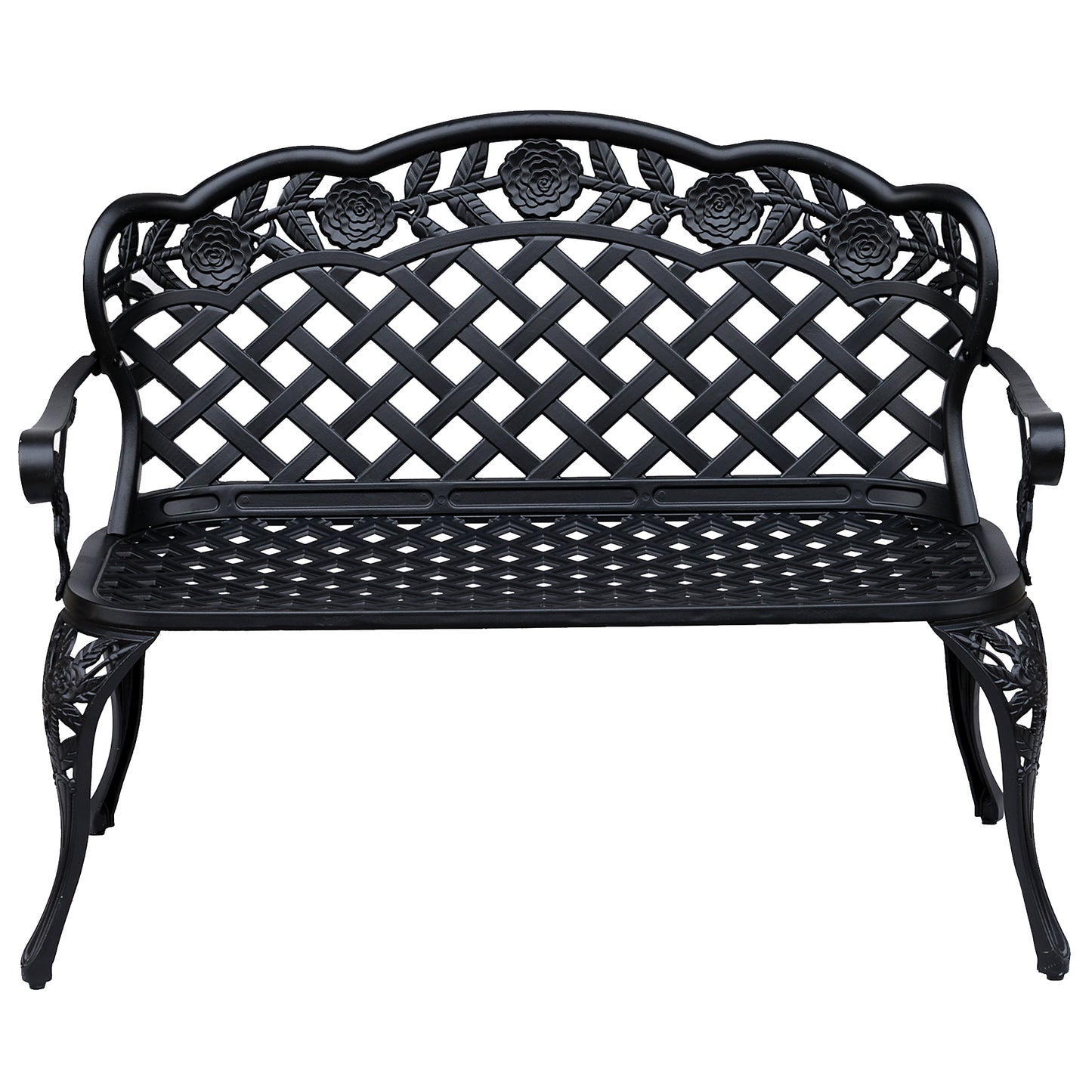 Metal Garden Bench, 2 Seater Outdoor Patio Loveseat with Armrest and Floral Scroll Backrest, 42.1"x22.8"x33.5", Black Outdoor Benches Black  at Gallery Canada