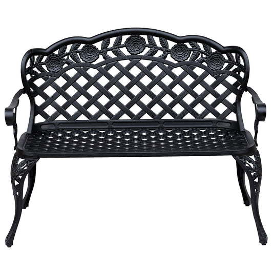 Metal Garden Bench, 2 Seater Outdoor Patio Loveseat with Armrest and Floral Scroll Backrest, 42.1"x22.8"x33.5", Black - Gallery Canada