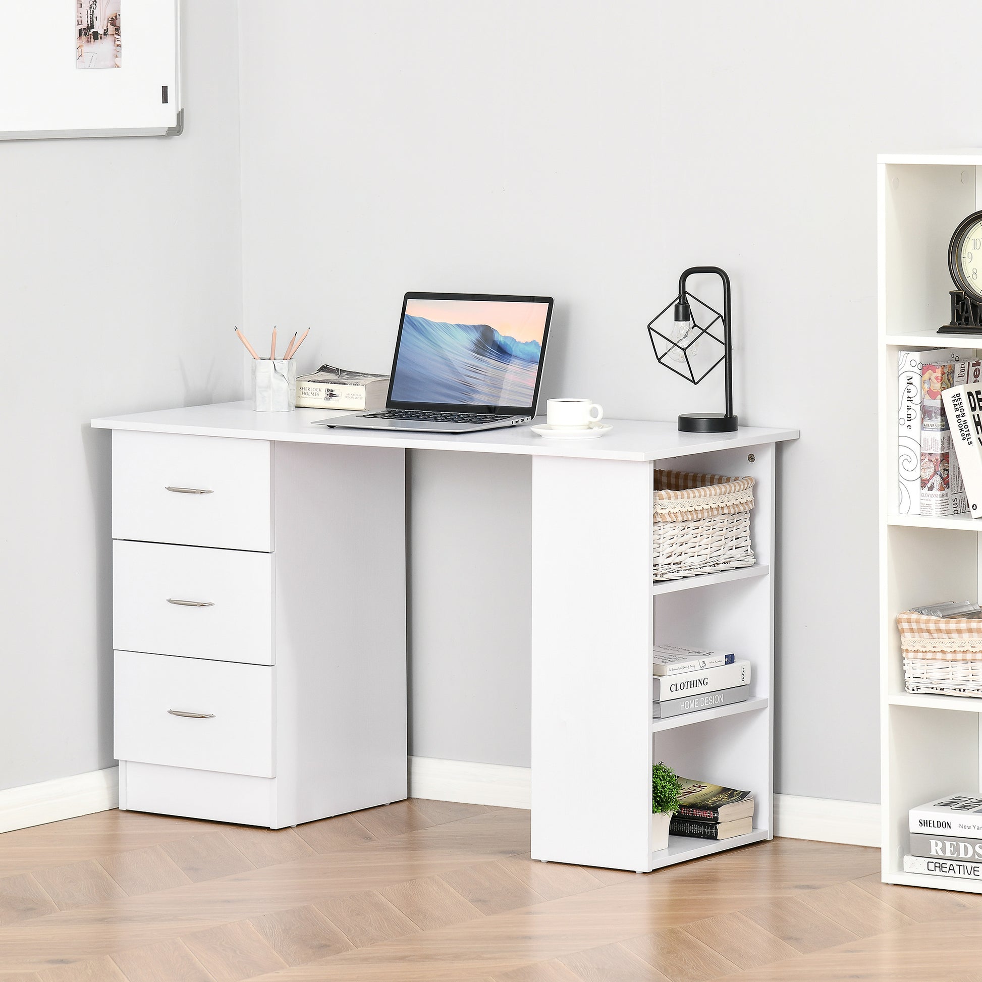 Computer Writing Desk Study Table Student Workstation w/ 3 Shelf &; 3 Storage Drawers Home Office Furniture White Writing Desks   at Gallery Canada