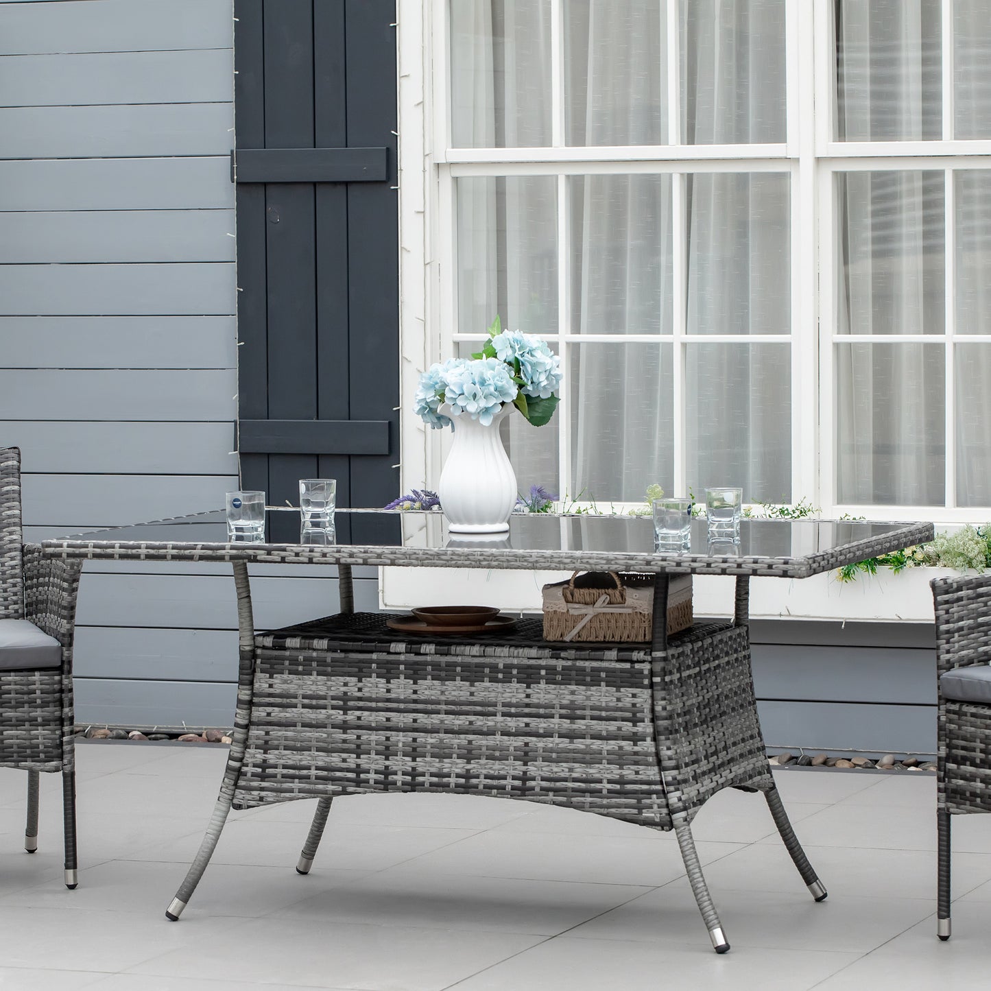 Garden Dining Table, Patio Rattan Dining Table with Glass Top, Storage Shelf for Yard, 59" x 34" x 29", Grey Outdoor Dining Sets   at Gallery Canada