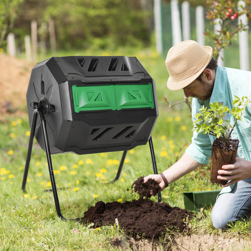 Tumbling Compost Bin Outdoor Dual Chamber 360° Rotating Composter 43 Gallon w/ Sliding Doors &; Solid Steel Frame, Green