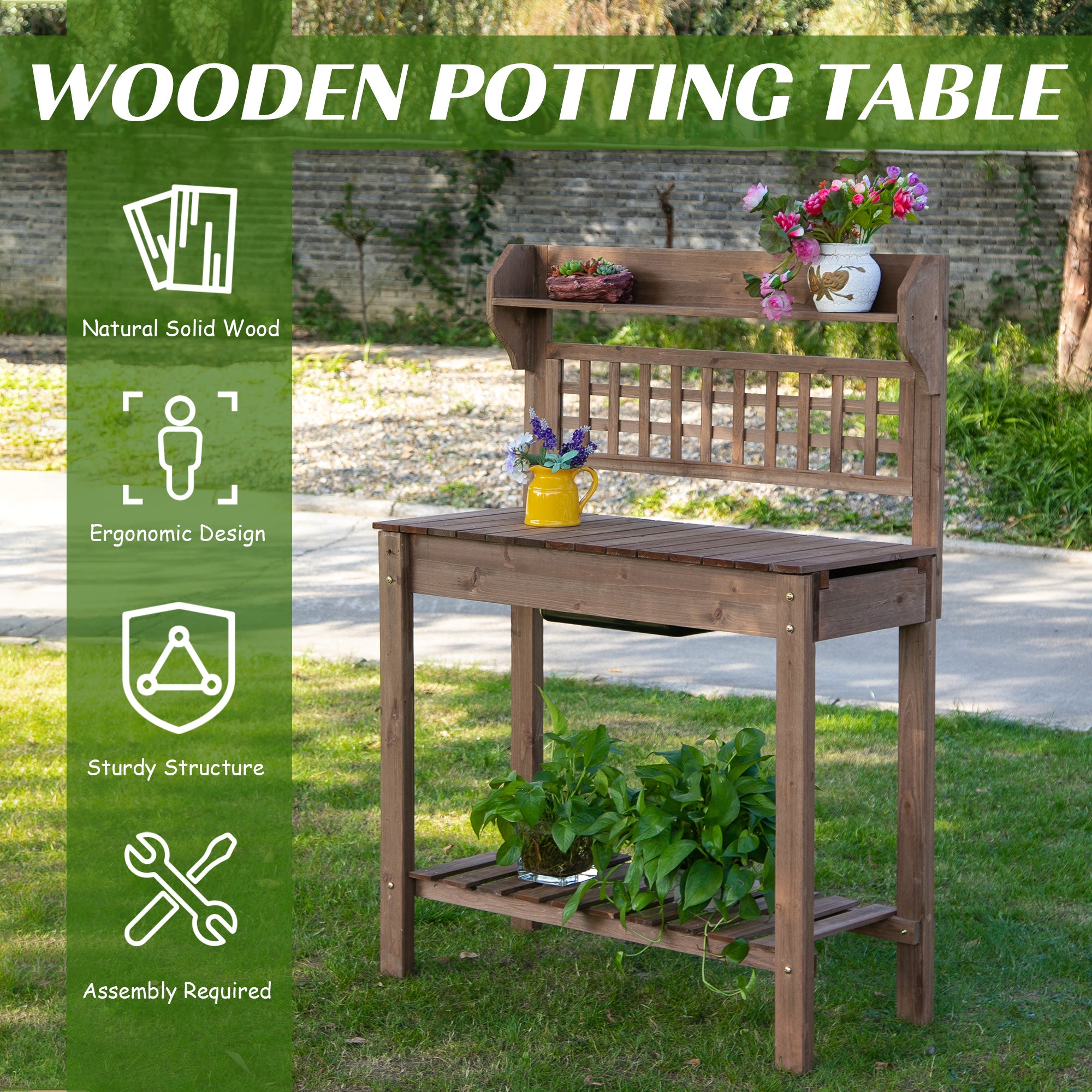 39'' x 18'' x 55'' Wooden Garden Potting Table with Clapboard Plant Work Bench Workstation Outdoor, Brown Potting Benches & Tables   at Gallery Canada