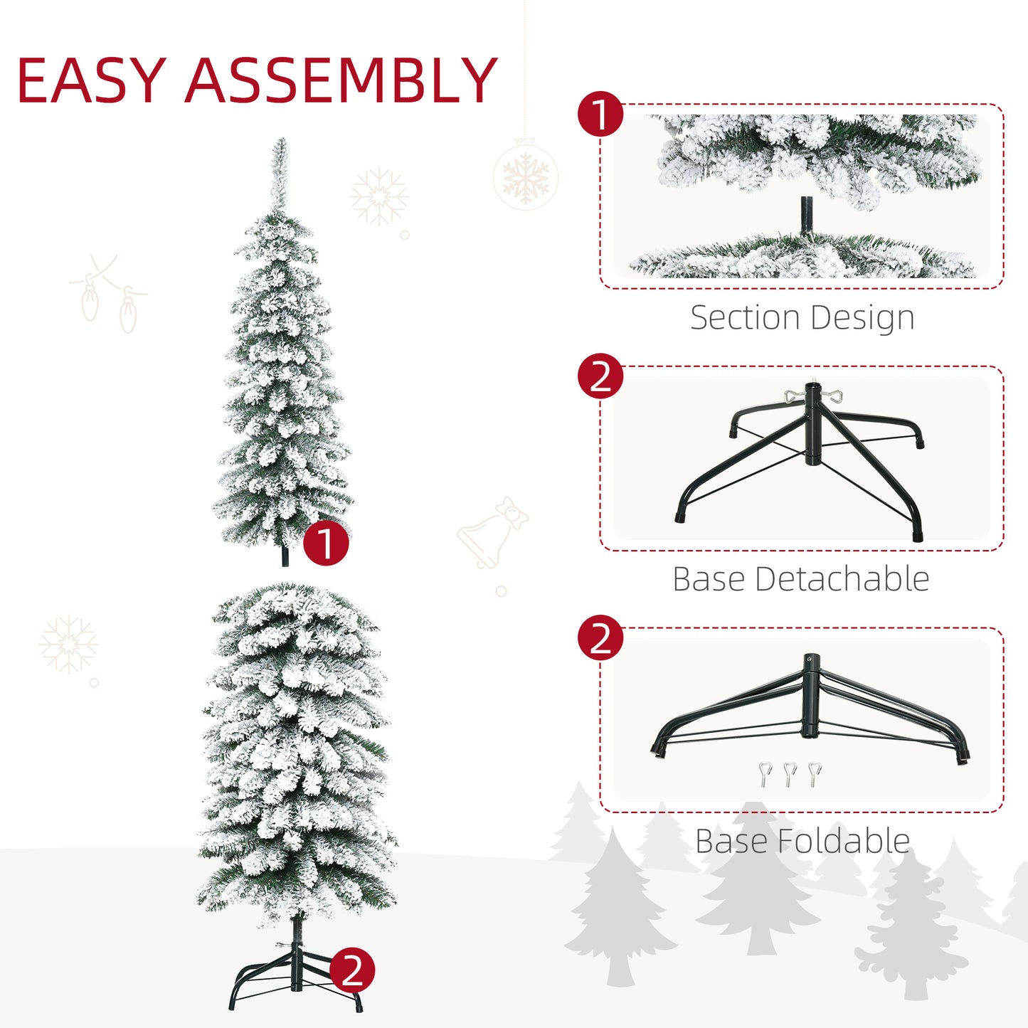 6 Ft Snow-Flocked Artificial Christmas Tree, Slim Pencil Xmas Tree with Realistic Branches, Metal Base, Green Artificial Christmas Trees   at Gallery Canada