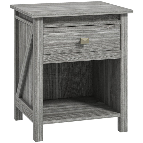 Bedside Table, Farmhouse Nightstand with with Drawer and Storage Shelf, Night Table for Bedroom, Grey