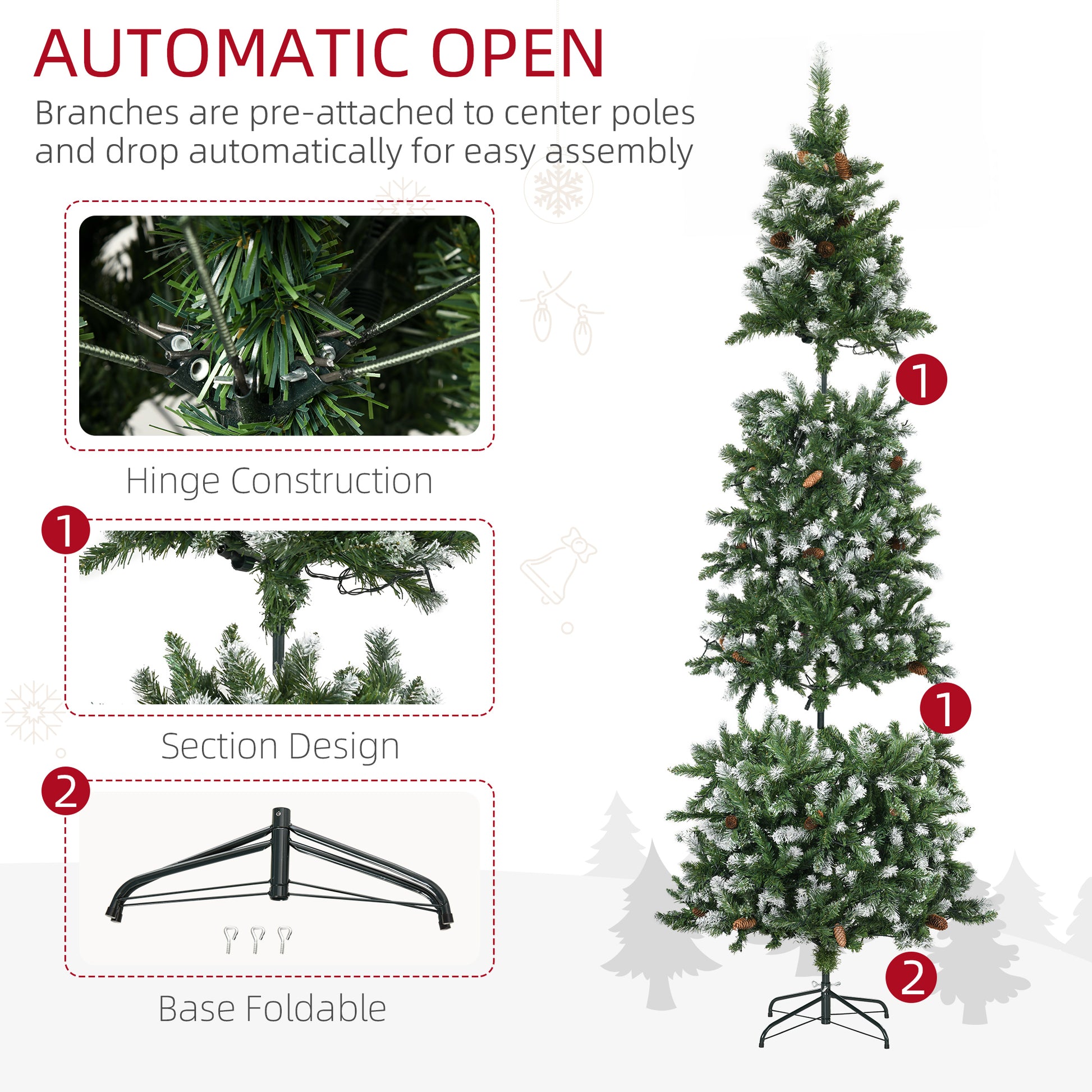 7.5' Decorated Christmas Trees, Skinny Prelit Artificial Christmas Tree with Snow-dipped Branches, Auto Open, Pinecones, Green Pre Lit Christmas Trees   at Gallery Canada