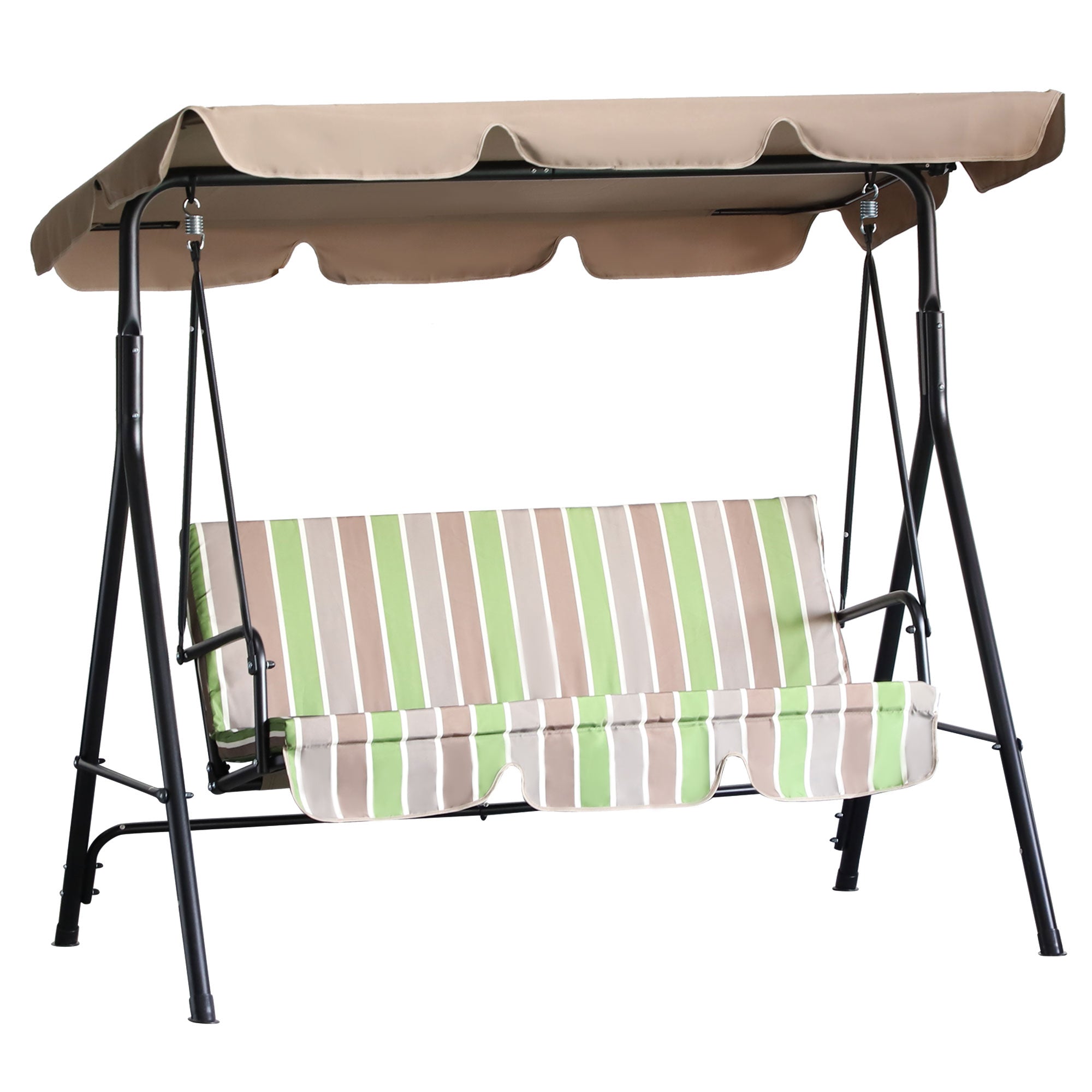 3-Seat Outdoor Swing Chair with Adjustable Canopy, Removable Cushion, Weather-Resistant Frame, Green Stripes Patio Swings with Stand Multi Colour  at Gallery Canada