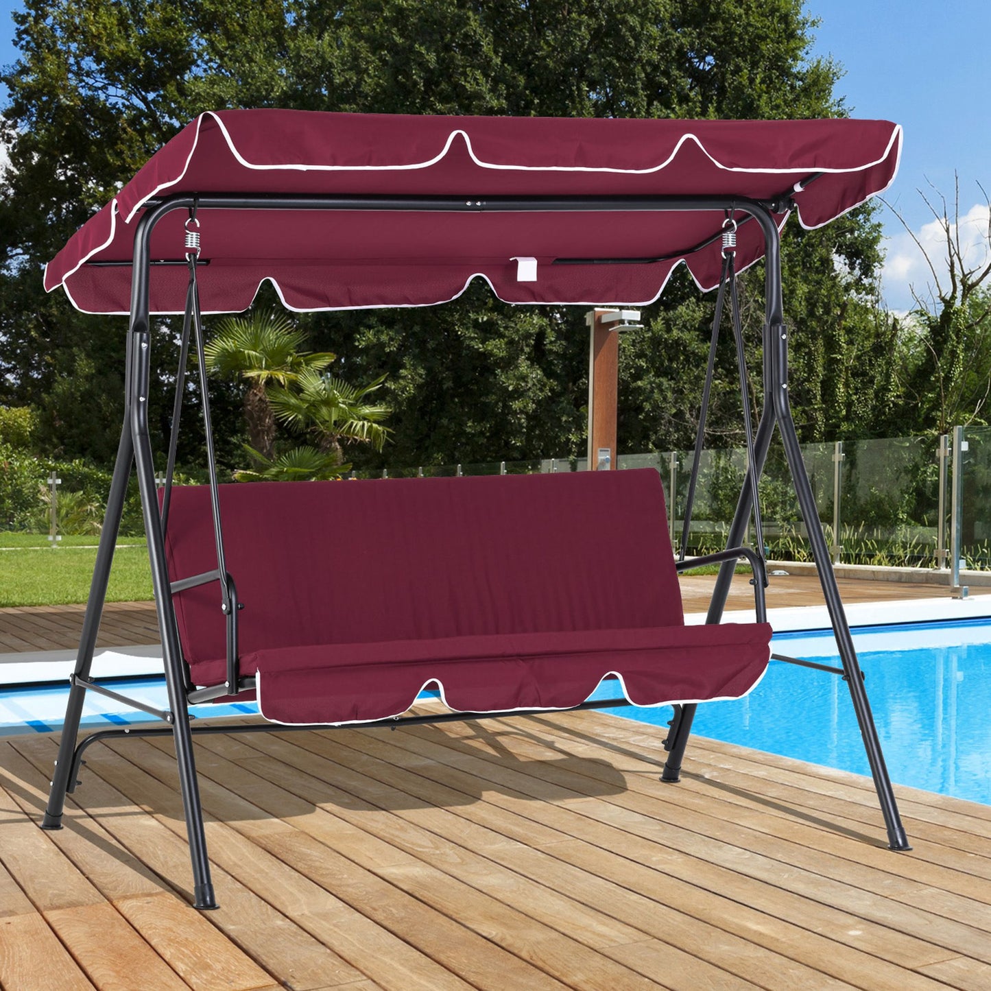 3-Seat Outdoor Patio Swing Glider with Adjustable Canopy and Removable Cushion, Wine Red Patio Swings with Stand   at Gallery Canada