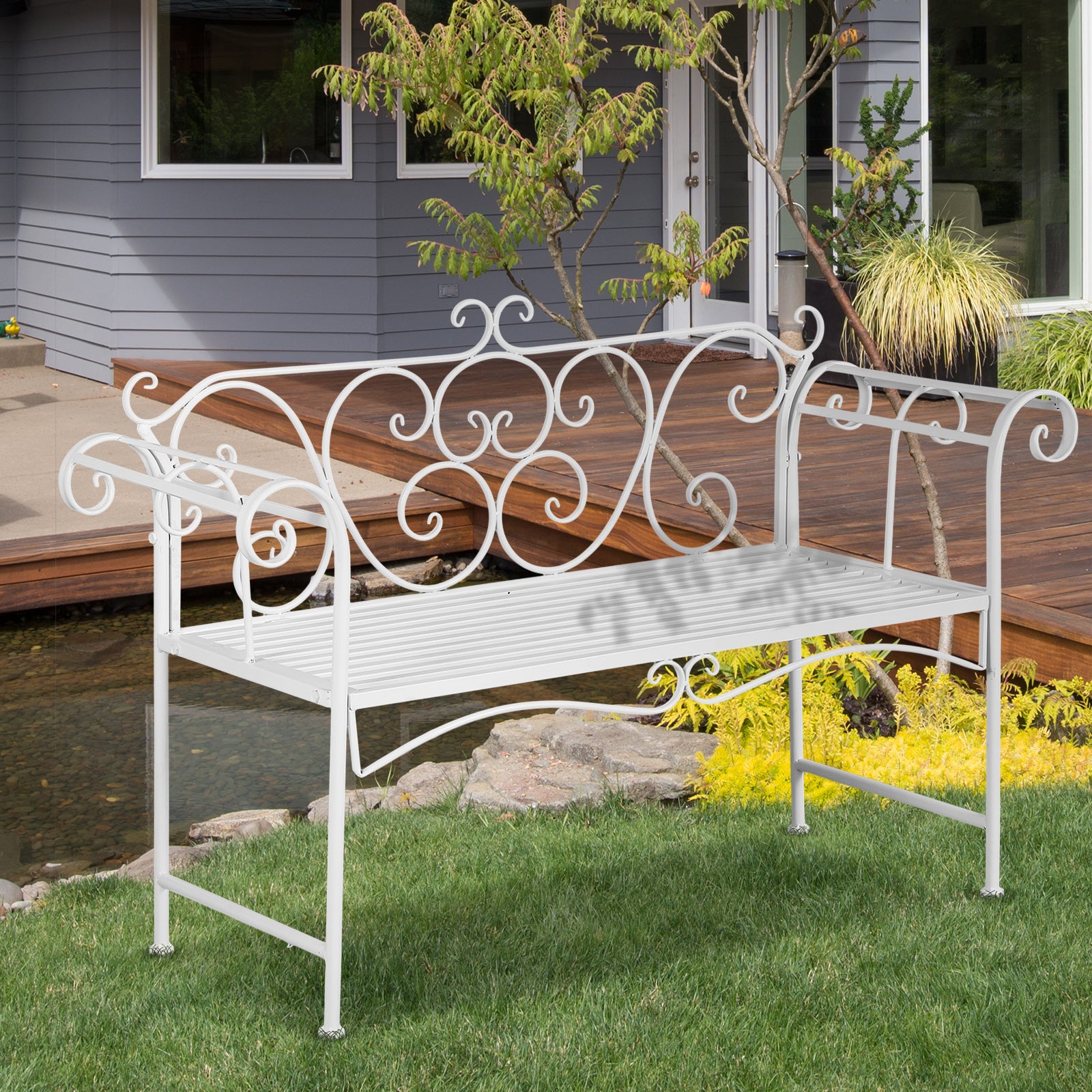 50" 2-Person Metal Garden Bench Outdoor Loveseat Yard Decorative Chair Park Seat Patio Furniture White Outdoor Benches   at Gallery Canada