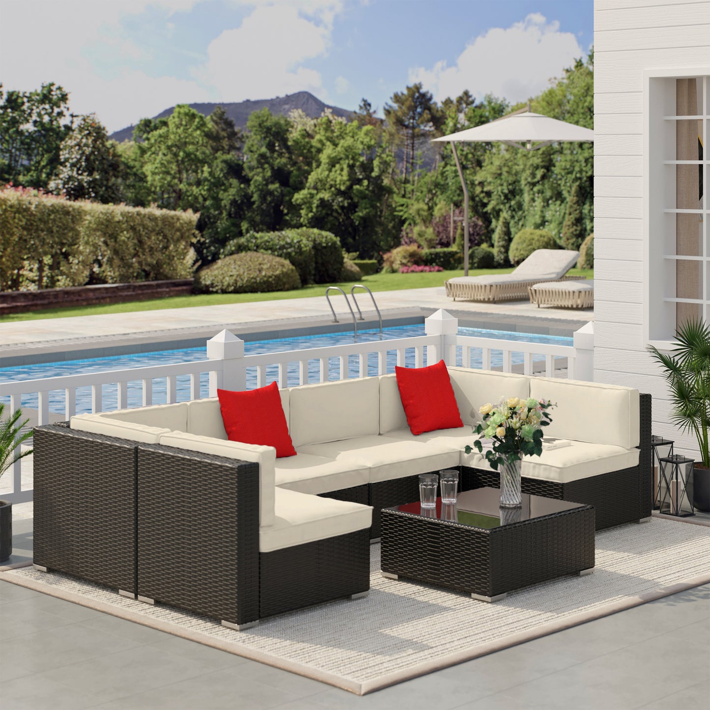 7 Pieces Patio Sofa Outdoor Wicker Sectional Patio Furniture, Dark Brown &; Beige Patio Furniture Sets   at Gallery Canada