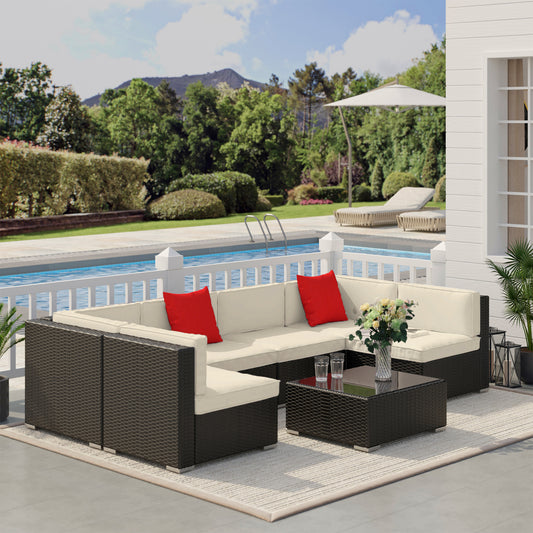 7 Pieces Patio Sofa Outdoor Wicker Sectional Patio Furniture, Dark Brown &; Beige - Gallery Canada