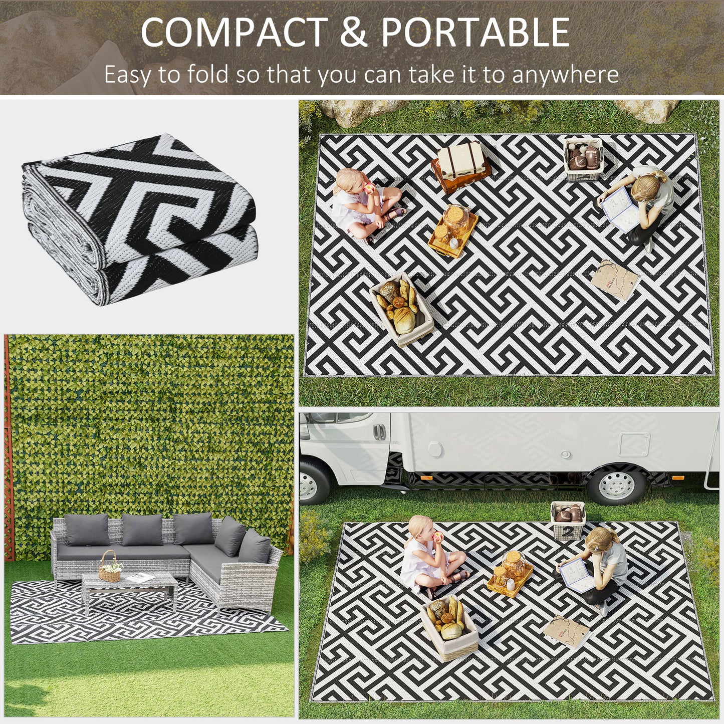 Reversible Outdoor RV Rug, Patio Floor Mat, 6' x 9' Plastic Straw Rug for Backyard, Deck, Beach, Camping, Black &; White Outdoor Reversible Rugs   at Gallery Canada