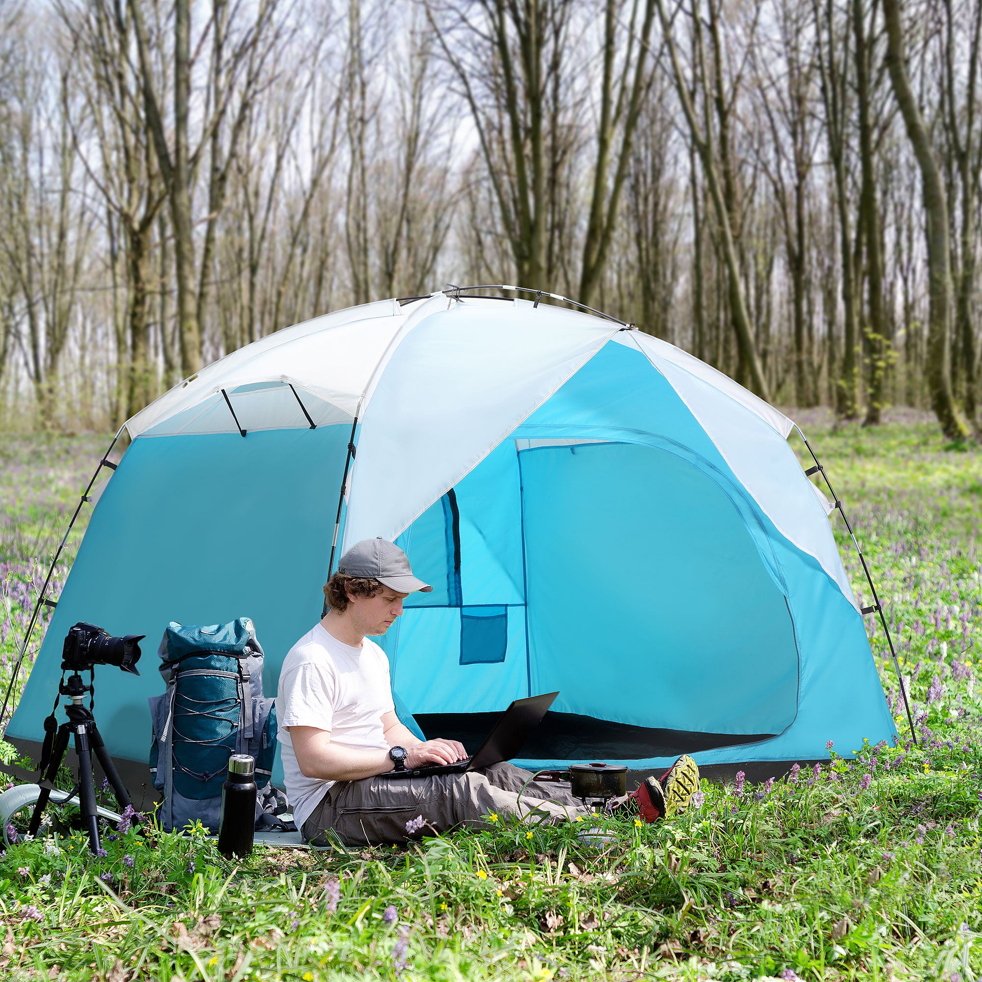 4 Person Camping Tent with Door Windows Backpacking Tent for Family Hiking Travel Hunting Picnic Blue and Grey Camping Tents   at Gallery Canada