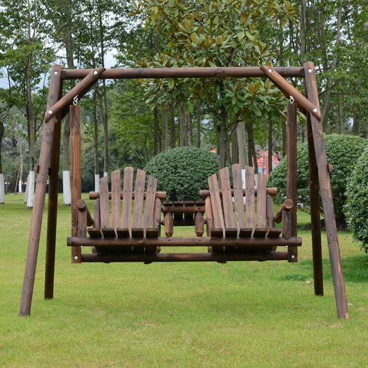 Wooden 2-Seat A-Frame Porch Swing Rustic Patio Bench Outdoor Furniture w/ Table Patio Swings with Stand Carbonized Wood Color  at Gallery Canada