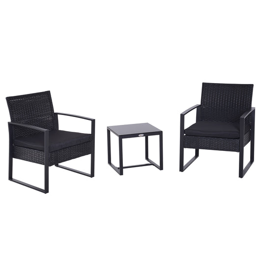 3 Pieces Wicker Bistro Set Rattan Outdoor Furniture Patio Conversation Set Coffee Table Garden Chair with Cushions &; Steel Frame, Black - Gallery Canada