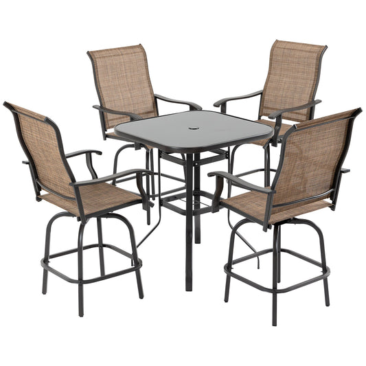 5 Pieces Patio Furniture Set, Outdoor Garden Conversation Set with Tempered Glass Table, 4 Swivel Chairs and Umbrella Hole, Brown - Gallery Canada