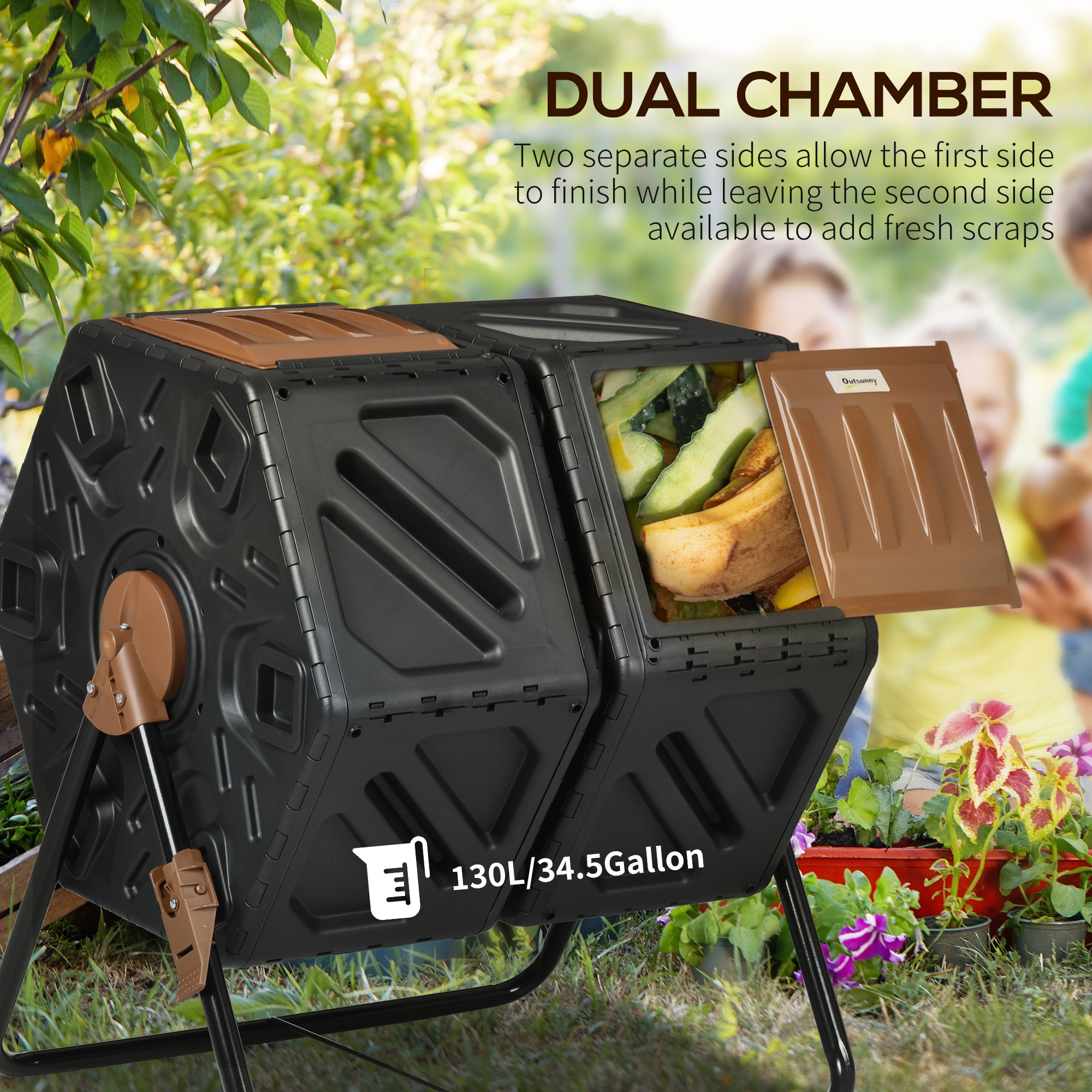 Rotating Composter, Dual Chamber Compost Bin with 24 Vents and Steel Legs, 34.5 Gallon Outdoor Compost Bin   at Gallery Canada