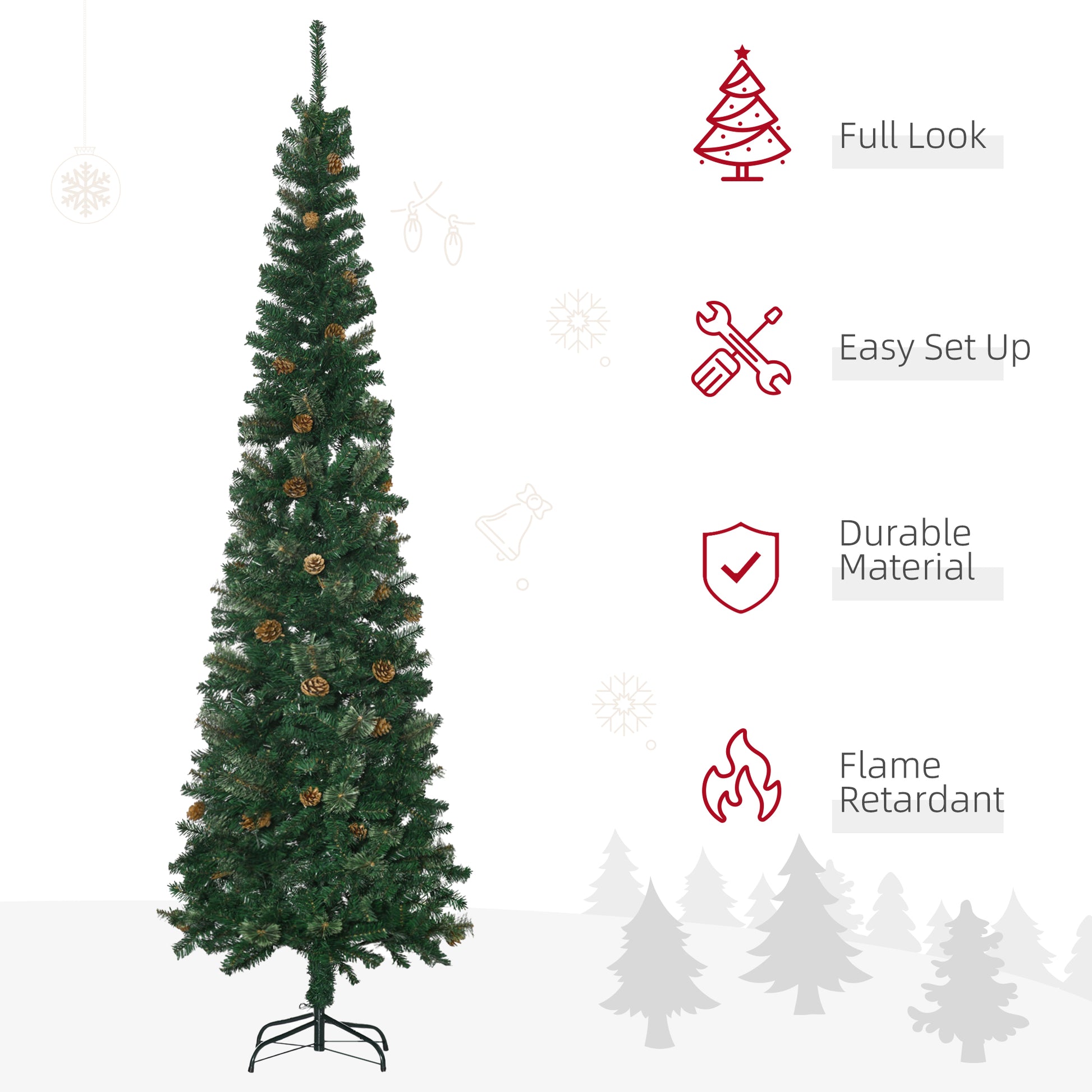 7.5ft Pencil Christmas Tree, Artificial Christmas with Pine Needles, Realistic Branches, Pine Cones, Metal Base, Green Pencil Christmas Trees   at Gallery Canada