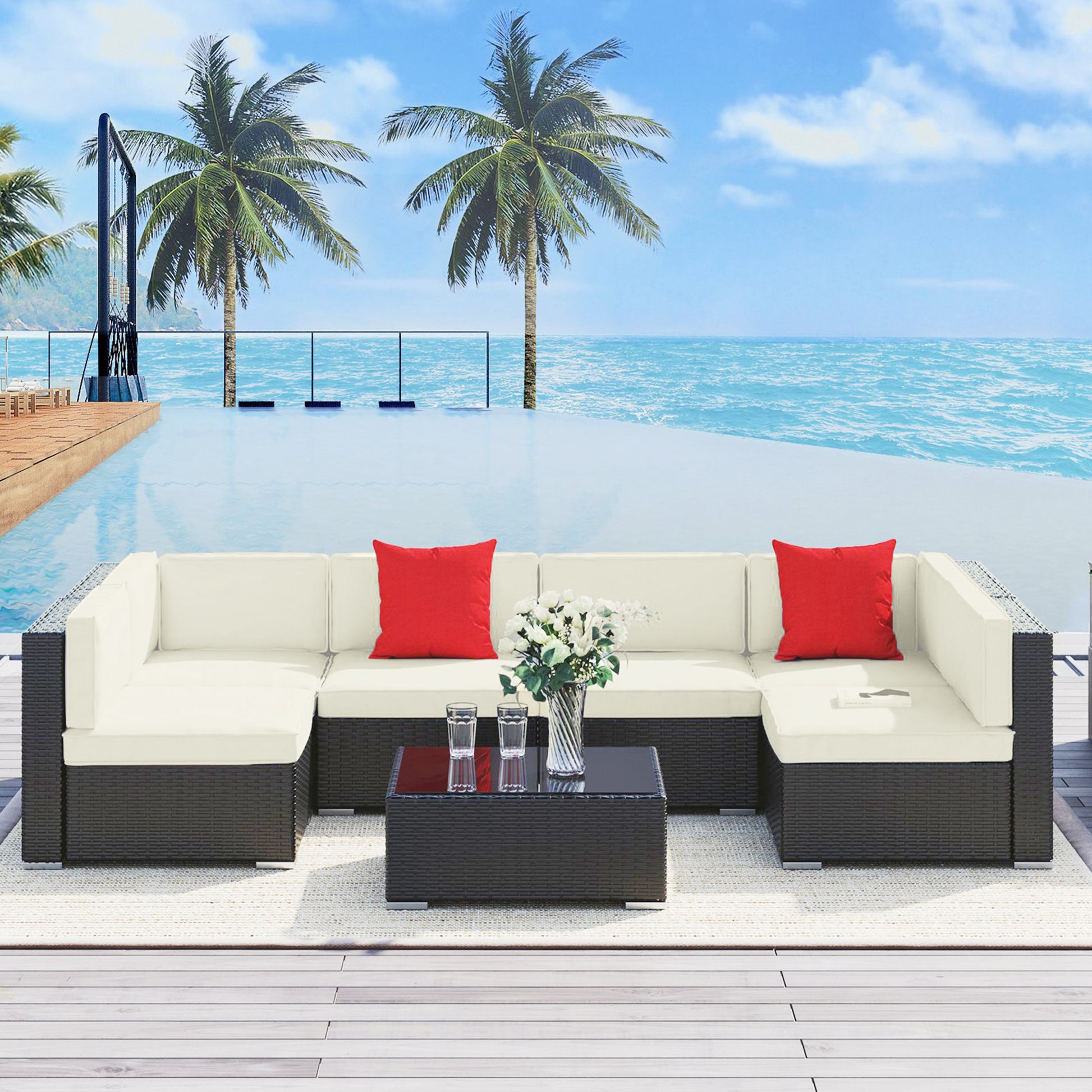 7-Piece Outdoor PE Wicker Patio Sofa Sets, Modern Rattan Conversation Furniture Set with Cushions &; Table, Cream Patio Furniture Sets   at Gallery Canada