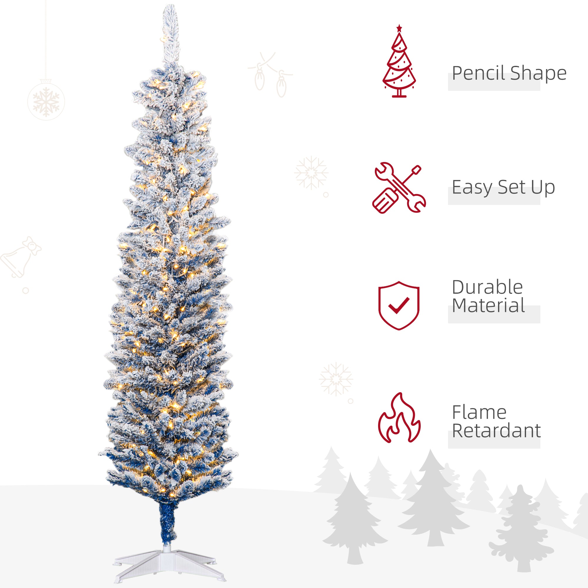 6' Flocked Christmas Tree, Pencil Prelit Artificial Christmas Tree with Snow Branches, Blue Pencil Christmas Trees   at Gallery Canada