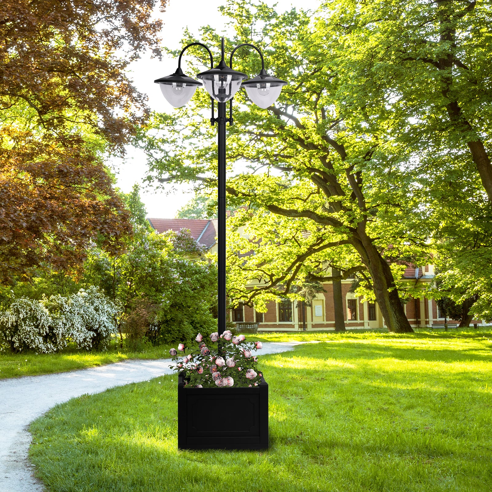 3-head LED Solar Light Lamp Street Light Post with Planter, Solar-powered Lamp Post, Black Solar Post Lamps   at Gallery Canada