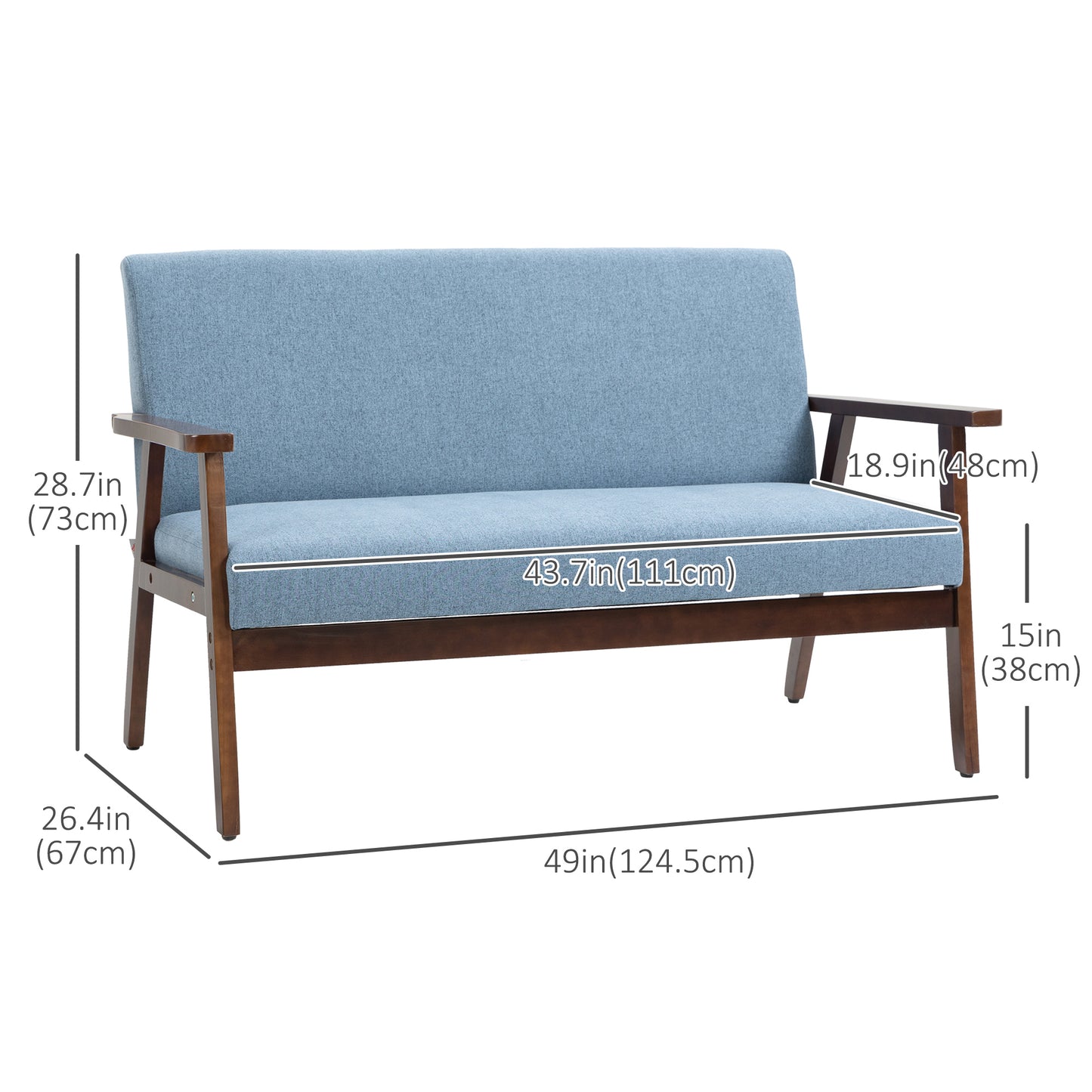 Compact Loveseat Sofa Couch Linen Fabric Double Seat Sofa with Rubber Wood Frame Blue 2-Seater Sofas   at Gallery Canada