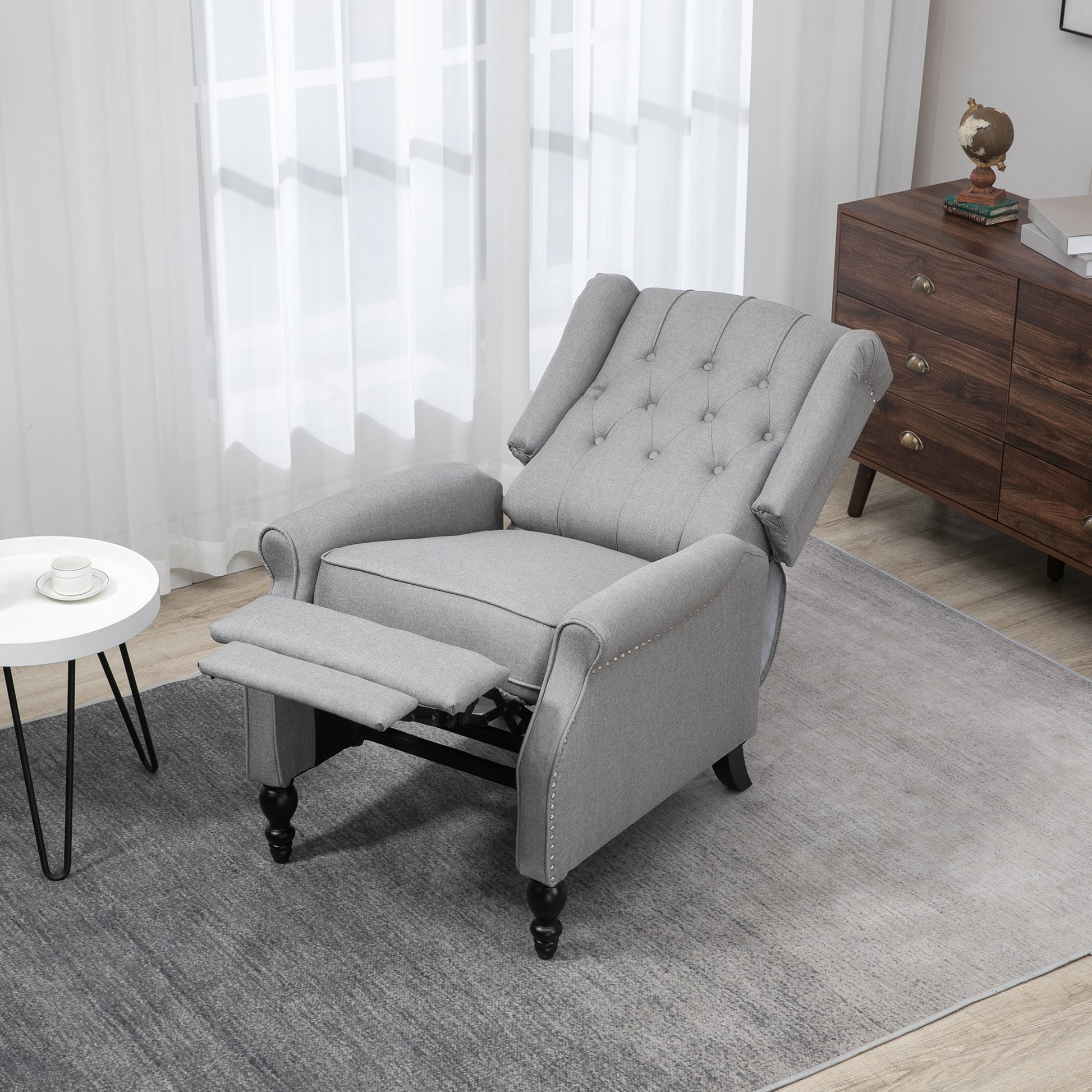 Wingback Reclining Chair with Footrest, Button Tufted Recliner Chair with Rolled Armrests for Living Room, Light Grey Single Sofas   at Gallery Canada