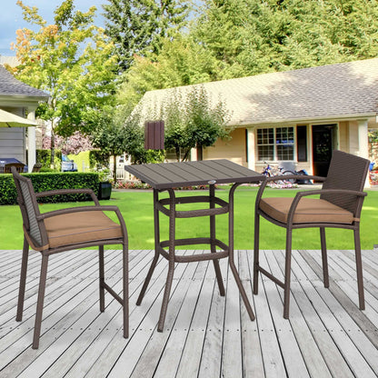 3 Pieces Outdoor Wicker Bistro Bar Set Garden PE Rattan Bar Table and Stools with Seat Cushion, Khaki Bistro Sets   at Gallery Canada