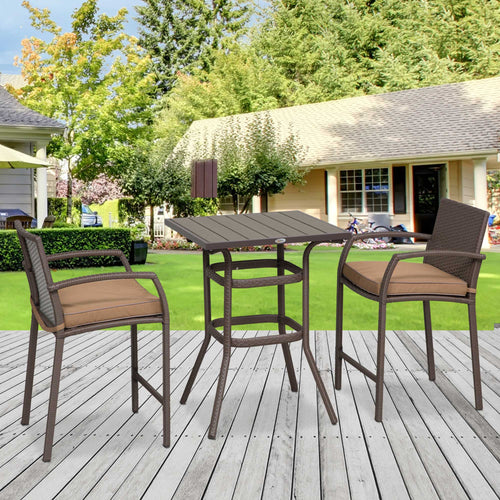 3 Pieces Outdoor Wicker Bistro Bar Set Garden PE Rattan Bar Table and Stools with Seat Cushion, Khaki