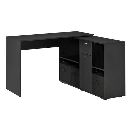Convertible L-Shaped Computer Desk, Corner Table wth 3 Fabric Storage Boxes, Retractable Home Office Desk, Black