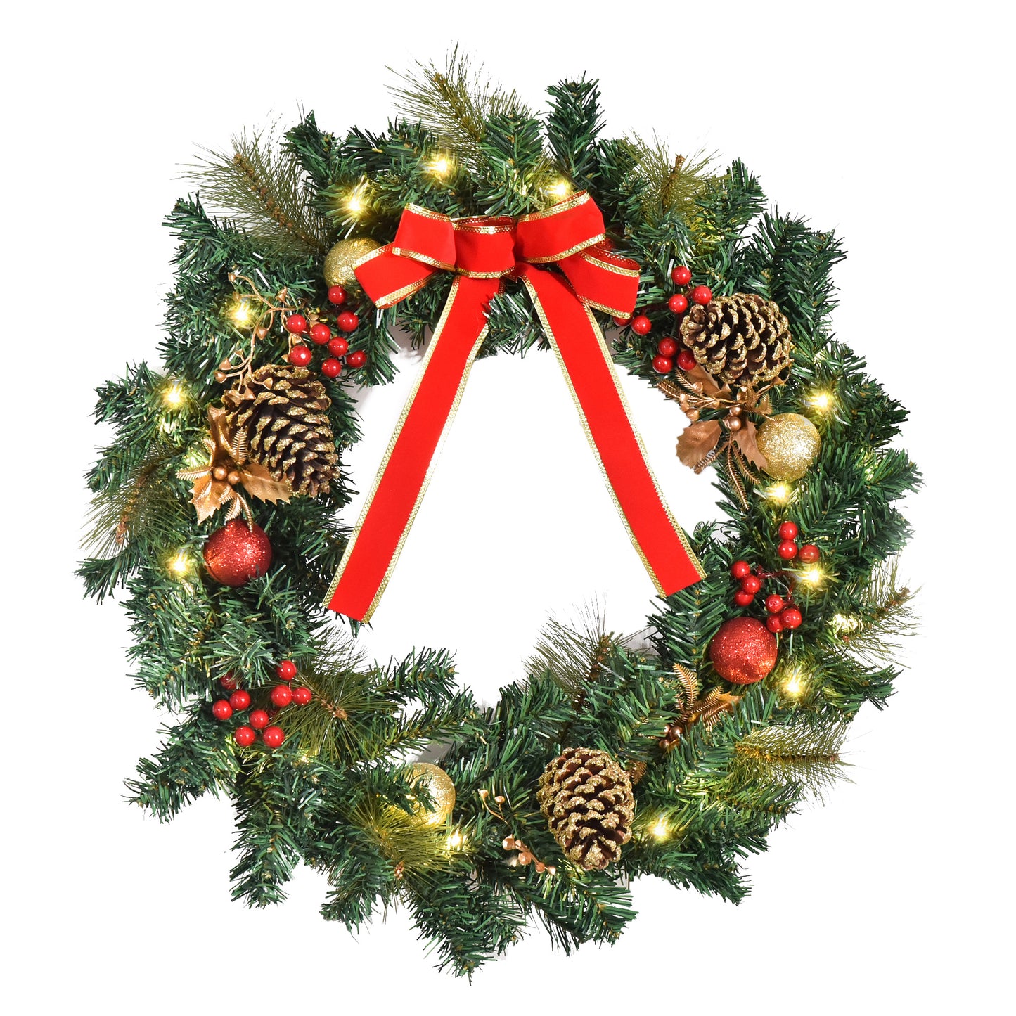 Christmas Wreath 24" Pre-Lit Artificial Greenery Xmas Spruce Wreath Cones Red Berries 20 LED Lights Battery Operated Christmas Wreaths Green  at Gallery Canada