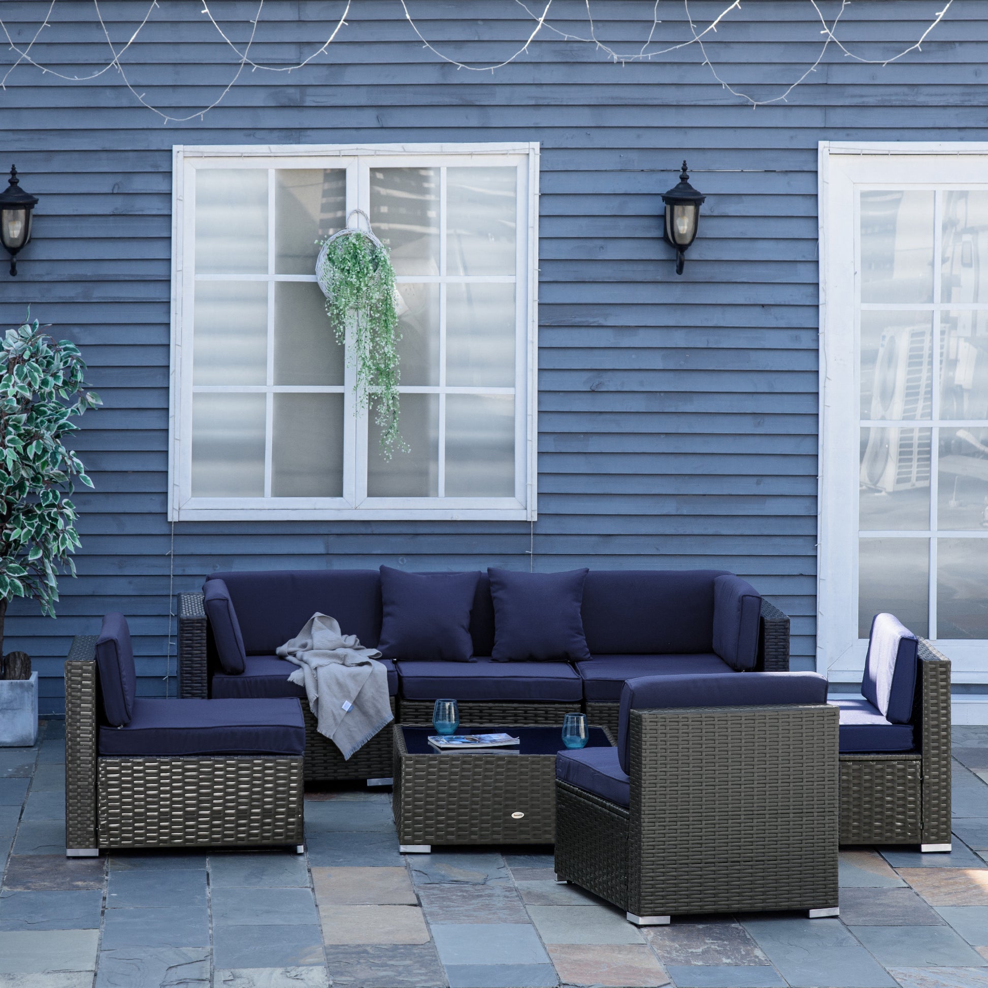 7 Pieces Patio Furniture Set, Rattan Outdoor Conversation Set Garden Wicker Sofa Set, Sectional Furniture, Navy Patio Furniture Sets   at Gallery Canada