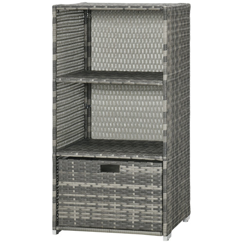 Rattan Wicker Outdoor Storage Cabinet with Shelf and Drawer, Mixed Grey