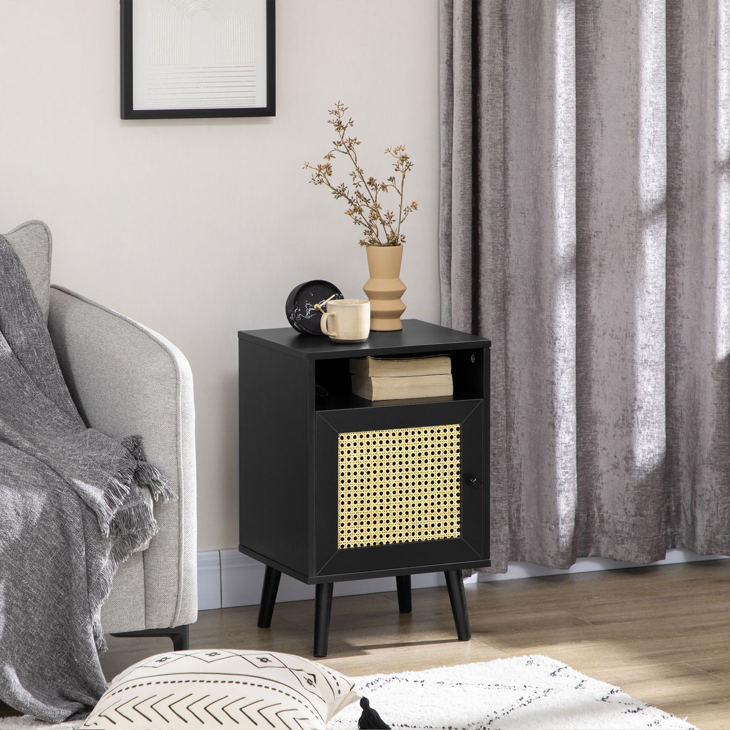 Bedside Table with Rattan Element, Side End Table with Shelf and Cupboard, 15.4"x13.8"x23.6", Black Bedside Tables   at Gallery Canada