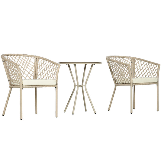 3 Pieces Patio Furniture Outdoor PE Rattan Bistro Set w/ Seat Cushions, Glass Table for Garden, Backyard, Beige - Gallery Canada